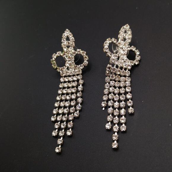 Vintage Rhinestones Dangle Post Earrings, Formal Earrings, Five Tassels, 3 Inch - Picture 5 of 7